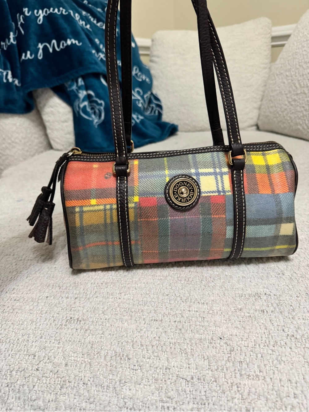 Dooney & Bourke Ladybug Multicolor Plaid Picnic Collection Barrel Shoulder Bag